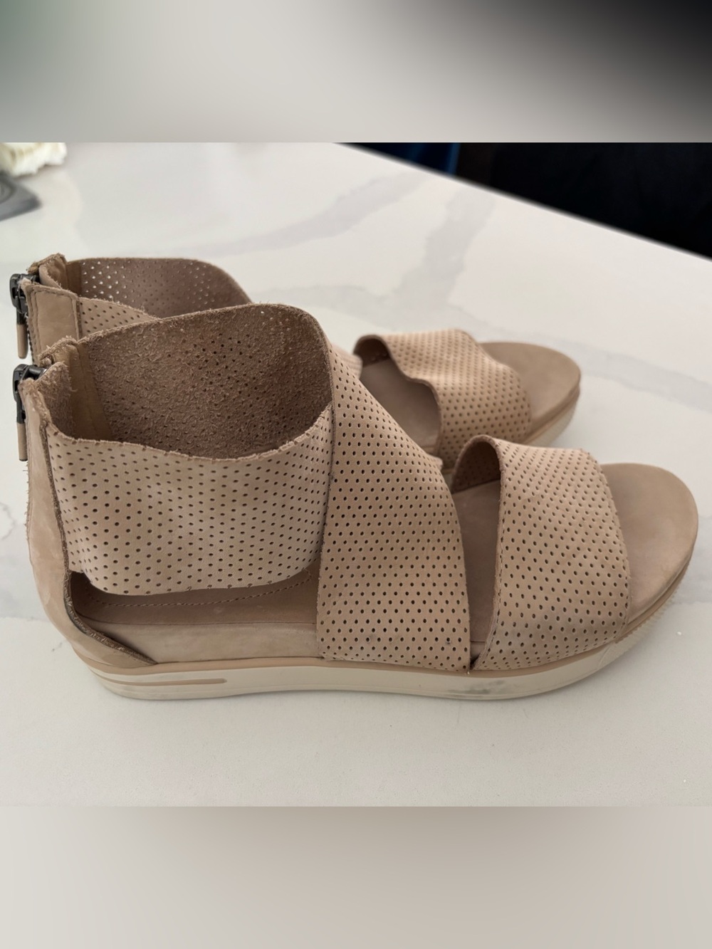 Eileen Fisher Taupe Perforated Crisscross Zip-Back Sandals